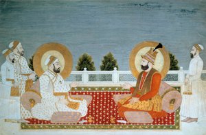 Indische Kunst: „Darstellung von Mohammed Shah (1702-1748) indischer Kaiser und Nadir Shah (1688-1747), Schah von Iran“ Miniatur der Mughole-Schule, Muhammad Shah (1526-1858 n. Chr.) Paris, Musée Guimet, Musée national des Arts Asiatiques von School Mughal