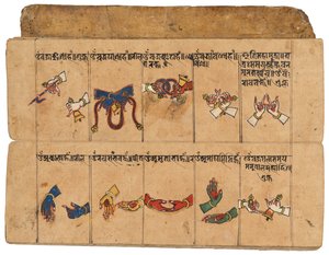 Ein Thyasapu-Manuskript mit ikonografischen Illustrationen von Mudras, Nepal von School Nepalese