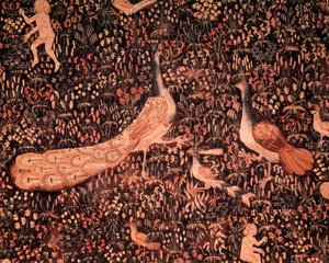Der Vorhang des Seigneurialen Lebens: Detail, das Vögel und einen Pfau darstellt