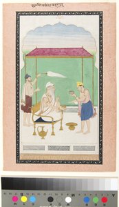 Ranjit Singh sitzt auf einem goldenen Stuhl, begleitet von einem Morchal-Träger und bedient von School Pahari