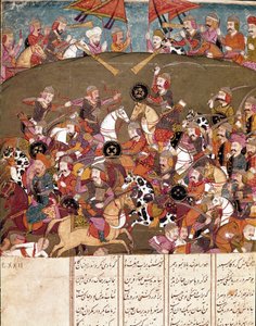 Islamische Kunst: Kampfszene. Persische Miniatur aus einem Manuskript des Epos „Schahnameh“ (Buch der Könige) von Ferdowsi von School Persian