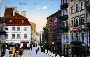Postkarte, die eine Straßenszene im alten Zentrum von Warschau zeigt, ca. 1910