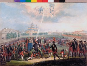 Katharina II. wird vom Izmaylovsky-Leibgarderegiment am Tag der Palastrevolution begrüßt von School Russian