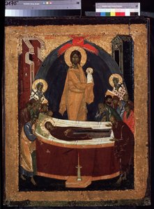 Die Entschlafung der Jungfrau. Der Tod der Jungfrau, auf einem Bett liegend, umgeben von den Aposteln, über ihr Christus, der ihre Seele in Form eines weiß gekleideten Kindes trägt. Gemälde von Theophanes der Grieche (um 1340-um 1410)