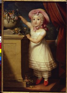 Porträt von Ekaterina Dmitrievna Obreskova (1822-1874). Ein kleines Mädchen, elegant und kostbar, streckt sich auf Zehenspitzen, um einige Blumen aus einem Strauß zu pflücken.