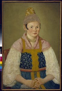 Porträt einer Kaufmannsfrau im traditionellen Kokoschnik