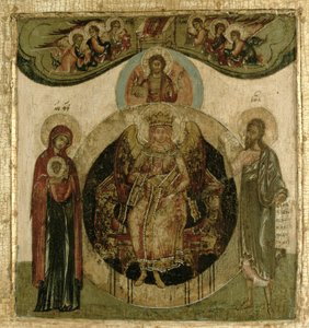 Russische Ikone der Sophia, Die Heilige Weisheit, auf dem Thron in Form eines feurigen geflügelten Engels