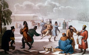 Schlittschuhläufer in Sankt Petersburg. Lithographie, Russische Schule von School Russian