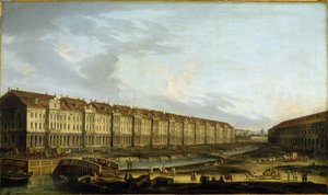 Ansicht des Gebäudes der Zwölf Kollegien in Sankt Petersburg. Beschreibung des Kaufmannshofs an der Newa, Verkehr und Transport von Waren und Kutschen.