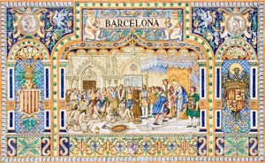 Ankunft von Christoph Kolumbus in Barcelona 1493 am Hof von König Ferdinand II. und Königin Isabella I. von Kastilien