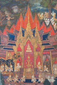 Wandmalereien in der Buddhaisawan-Kapelle, die Indra darstellen, der kurz nach der Einäscherung Buddhas aus den Himmeln herabsteigt und das wertvollste Relikt, einen Zahn, aus dem Haarknoten des Brahmanen stiehlt von School Thai