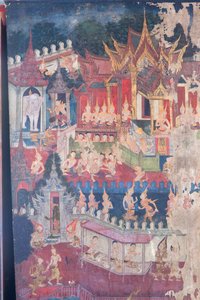 Wandmalereien in der Buddhaisawan-Kapelle, die Buddha in königlicher Kleidung zeigen, um den stolzen, aber verblendeten Kaiser Jambupati zu demütigen und zu überzeugen, dass der Weg zur Erleuchtung dem bloßen materiellen Reichtum vorzuziehen ist, Palast vo von School Thai