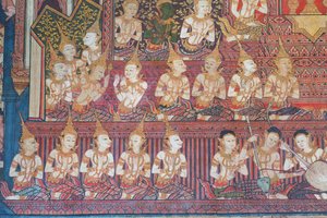 Wandmalereien in der Buddhaisawan-Kapelle, die die Feierlichkeiten der königlichen Hochzeit der Eltern des Bodhisattva, König Suddhodana vom Sakya-Clan und Prinzessin Mahamaya, darstellen