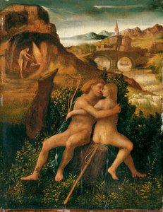 Venus und Mars in einer Flusslandschaft mit Vulkan, der in seiner Schmiede arbeitet, um 1500 von School Venetian