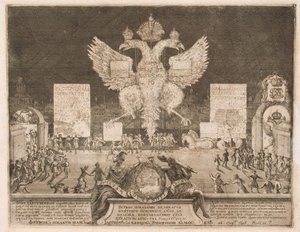 Feuerwerk in Moskau am 1. Januar 1704 anlässlich der Eroberung der schwedischen Festung Nyenskans, 1705 von Schoonebeek