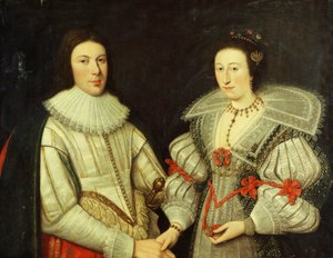 Gruppenporträt eines Gentlemans, Halbfigur, in einem weißen Wams und einer Halskrause, und seiner Frau, in einem weißen und grünen Kleid, fächerförmigem Kragen und Goldkette