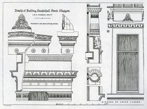Architektonische Details der griechischen Kammern, 336-356 Sauchiehall Street, Glasgow, entworfen von Alexander Greek Thomson, 1869 von Scottish School
