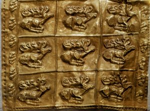Skythische Kunst: Goldene Köcherabdeckung mit Tierdekor (Hirsche). Aus Tumulus Nr. 4 in Kelermes, Region Krasnodar, Kuban, Russland, 7. Jahrhundert v. Chr. von Scythian