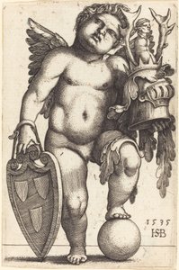 Weibliches Genie, das ein Wappen hält
