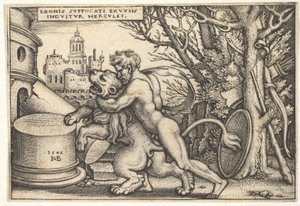 Herkules im Profil, der den nemeischen Löwen mit seinem Arm um den Hals tötet, aus 