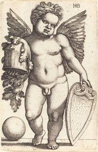 Männliches Genie, das ein Wappen hält