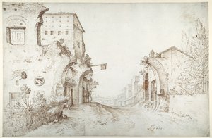 Gasthaus am Straßenrand zwischen den Ruinen eines Aquädukts von Sebastian Vrancx