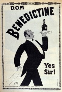 Werbung für den Digestif „Benedictine“. Ein Kaffeeboy trägt eine Flasche auf einem Tablett. Zeichnung von Sem (1873-1932). 1910 von Sem
