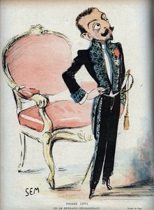 Pierre Loti (1850-1923) oder der widerspenstige Rückzug - (im grünen Kleid der französischen Akademie) - Karikatur von SEM (Georges Goursat) (1863-1934) in „Le rire de 1898“