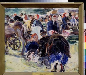 Ein Jahrmarkt. Marktplatz in der Provinz mit Bäuerinnen und Händlern. Gemälde von Semjon Gawrilowitsch Nikiforow (1877-1912), Öl auf Leinwand