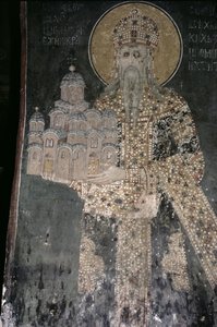 König Stefan Uroš II. Milutin (r.1282-1321) mit einem Modell der Kirche, 1311-21 von Serbian School