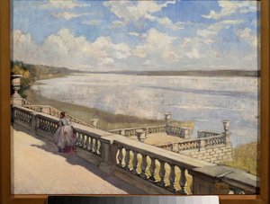 Sonniger Tag, eine Dame an der Balustrade von Sergei Arsenevich Vinogradov