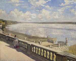 Sonniger Tag. Eine Dame an der Balustrade von Sergei Arsenevich Vinogradov