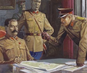General Georgi Schukow streitet mit Stalin über militärische Taktiken