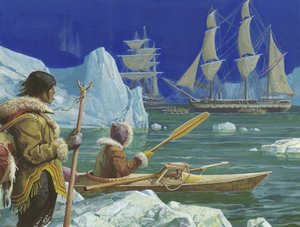 Unidentifiziertes Bild von Eskimos (einer im Kajak) mit Segelschiff im Hintergrund von Severino Baraldi