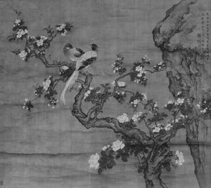 Blühender Zierapfel und Vogelpaar, datiert 1744 von Shen Nanpin