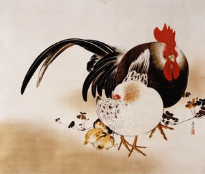 Hängerolle, die einen Hahn, eine Henne und Küken darstellt von Shibata Zeshin