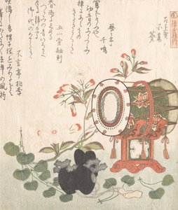 Aoi-Pflanze, Kirschblüten, Trommel und Eboshi-Hut, die das Aoi-Kapitel darstellen..., 19. Jahrhundert von Shinsai
