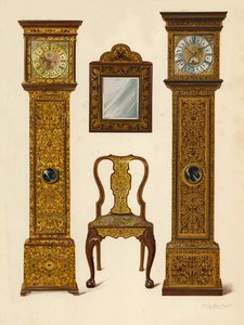 Uhr mit heller Marketerie eingelegt, Eigentum von Percy Macquoid; Uhr mit dunkler Marketerie eingelegt, Victoria and Albert Museum; Walnussstuhl mit Marketerie eingelegt; Spiegel (Chromolithographie)