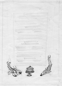 Hummer, Fisch und Kuchen, Menüdesign, ca. 1950