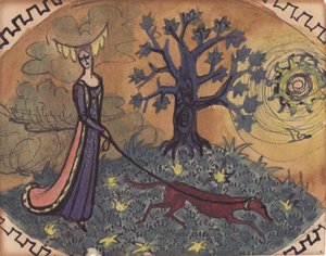 Mittelalterliche Dame und Hund, ca. 1950