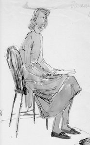 Frau, die auf einem Stuhl sitzt, ca. 1950