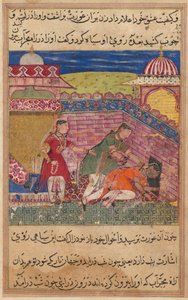 Seite aus den Geschichten eines Papageis Tuti-nama: Achte Nacht: Die betrügerische Frau wirft..., 1558-1560 von Shravana