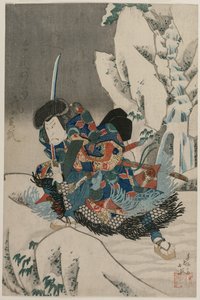 Nakamura Utaemon IV als Krieger im Schnee stehend von Shunbaisai Hokuei