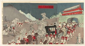 Generalmajor Ôshima besiegt den Feind bei Songhwan, Ôshima shôsa Seikan o yaburu no zu von Shunsai Toshimasa
