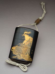 Inro, die Kurtisane Morokoshi von Echizen-ya beim Schreiben eines Briefes darstellend, 19. Jahrhundert von Shunsho