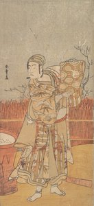 Der Schauspieler Sawamura Sojuro III hält ein Stück Brokat hoch von Shunsho