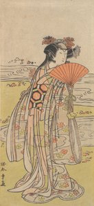Der Schauspieler Segawa Kikunojo III als Frau, die in der Nähe eines windenden Baches steht, ca. 1777 von Shunsho