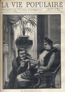 Ein Mann auf den Knien hält die Hand einer eleganten Frau, die in einem bürgerlichen Wohnzimmer sitzt, ihren Mantel, einen Ärmel und einen Pelzschal trägt. Illustration für Le Seducteur par Gyp (Sibylle Gabrielle Marie Antoinette Riquetti de Mirabeau, Gräf