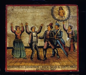 Ex-voto (ex voto) Sizilianisch: „Durch ein Wunder rettet Carabinier Lanza Graf Magri am 24.05.1867“. Darstellung eines Brigantaggio: Ein Räuber zielt mit seiner Pistole auf das Paar Magri, während der Carabinier ihn von hinten überrascht.