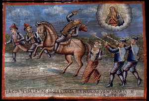 Ex-voto (ex voto) Sizilianisch: „Die entführte Gräfin Ursino wurde am 16.08.1871 durch ein Wunder gerettet“. Darstellung eines Raubüberfalls (Brigantaggio): Die drei Räuber entführen die Gräfin, während die Carabinieri auf sie schießen. von Sicilian School